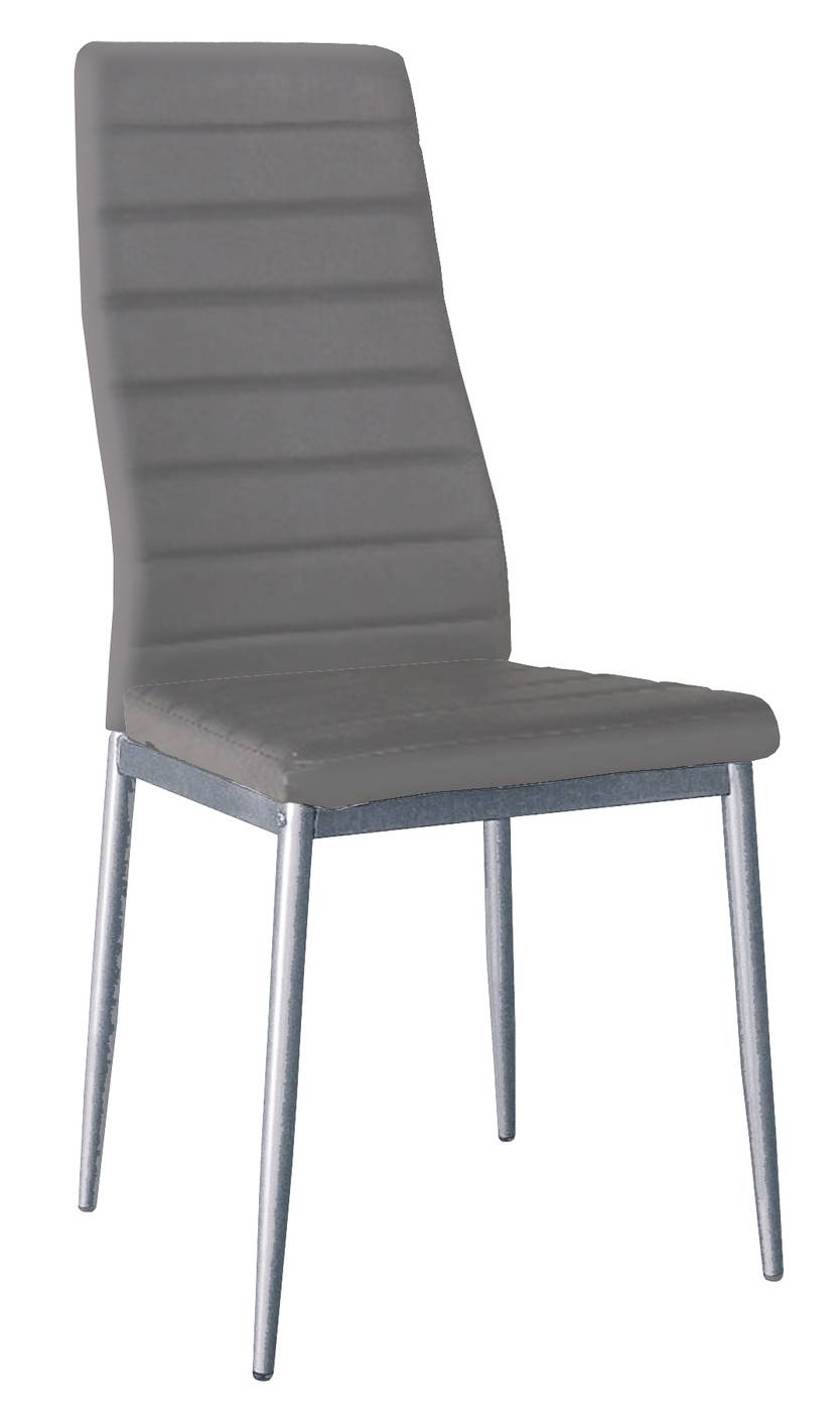 Silla de comedor. Estructura metálica , con respaldo y asiento acolchado tapizado en polipiel color gris.